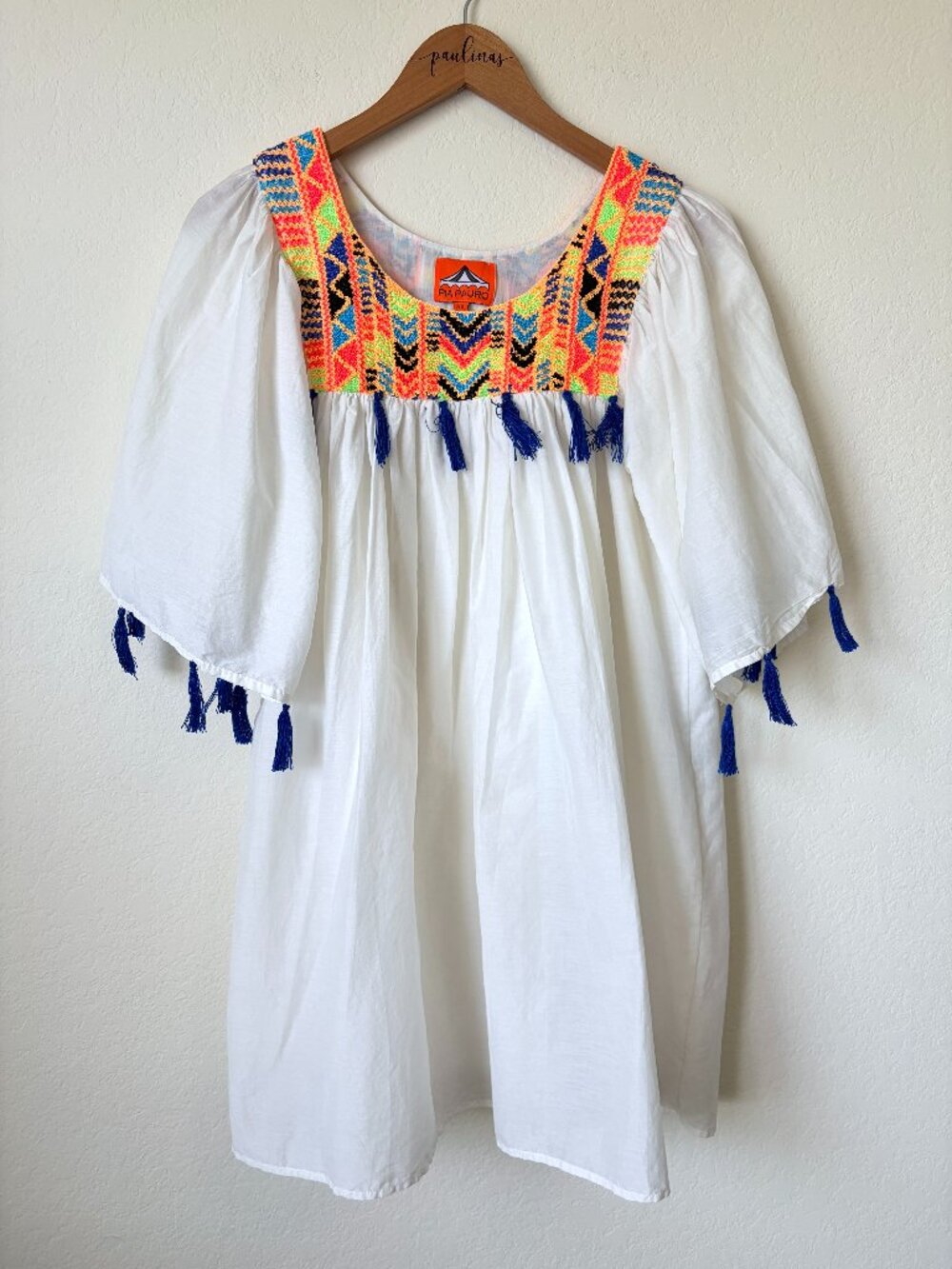 Pia Pauro Dress Womens XS White Cotton Embroidered Tassel Boho Mexican Peasant